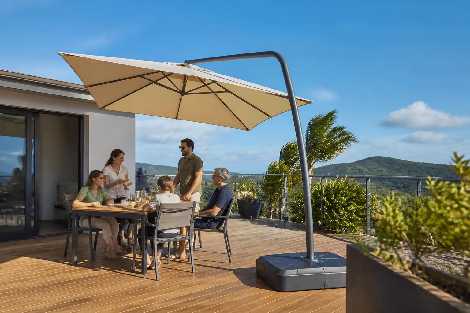 découvrez les meilleures solutions de lestage pour sécuriser votre parasol de terrasse par vent fort et profiter d'une installation stable et sûre toute l'année.