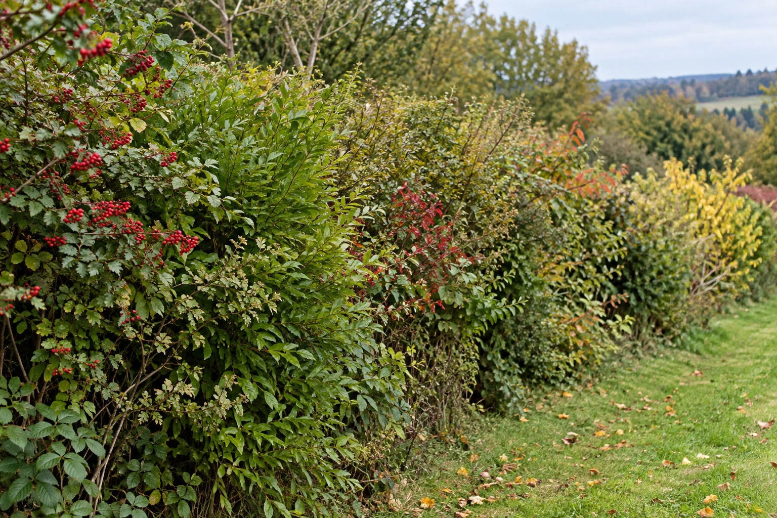 Haie champêtre variée avec arbustes feuillus et baies rouges en automne