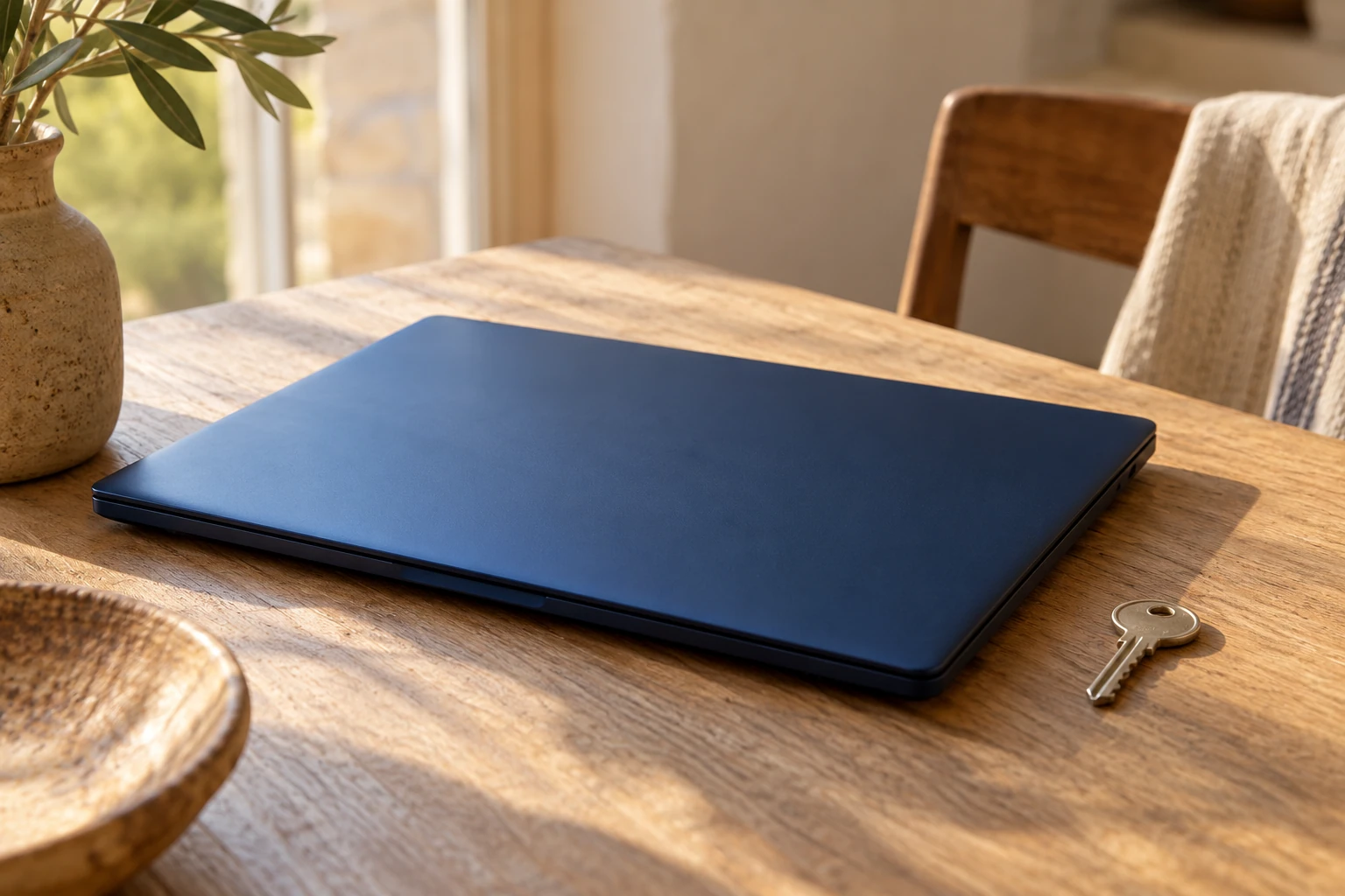 Ordinateur portable fermé noir sur table en bois près d'une clé métallique