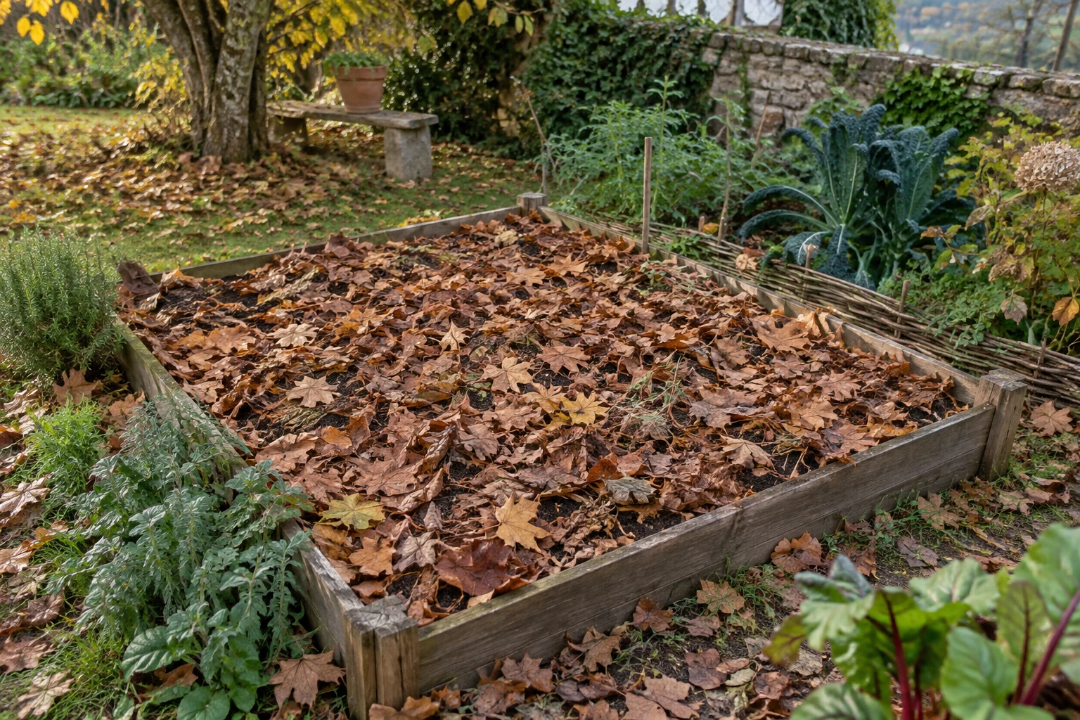 Carré potager surélevé couvert de feuilles mortes comme paillage automnal hivernal