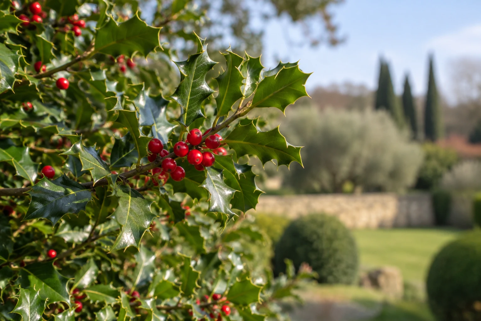 Branche de houx verte avec grappes de baies rouges, jardin flou en arrière‑plan