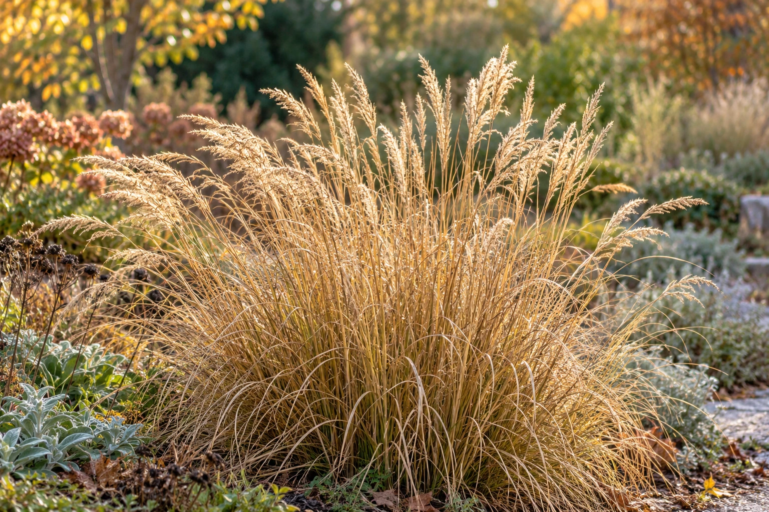 Touffe de graminée dorée hivernale éclairée par un soleil bas automnal