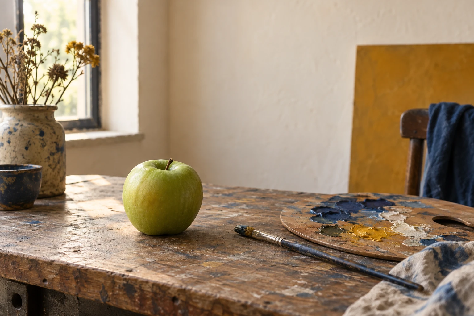 Pomme verte posée sur une table d'atelier près d'une palette et pinceau