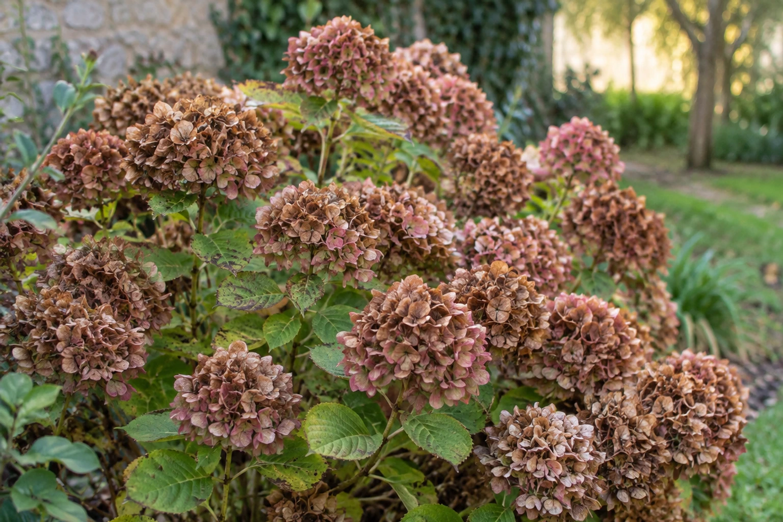 Hortensia en fleurs fanées brun-rosé dans jardin, feuilles vertes et arrière-plan flou